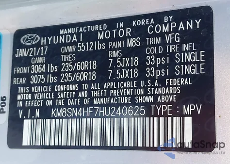 2017 Hyundai Santa Fe Limited z USA, uszkodzony, nr VIN KM8SN4HF7HU240625